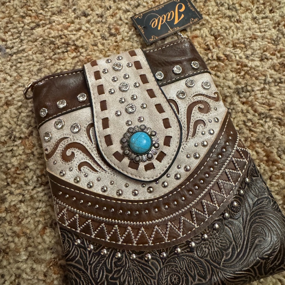 Jade Brown and Cream Crossbody Bag with Turquoise Accent